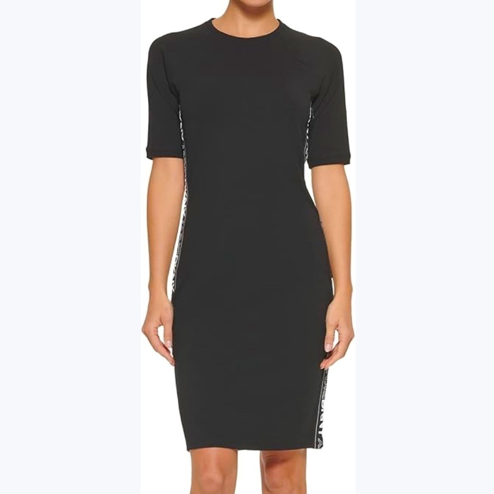 DKNY Black Short Sleeve T-Shirt Exercise Dress Side Logo Taping Midi M